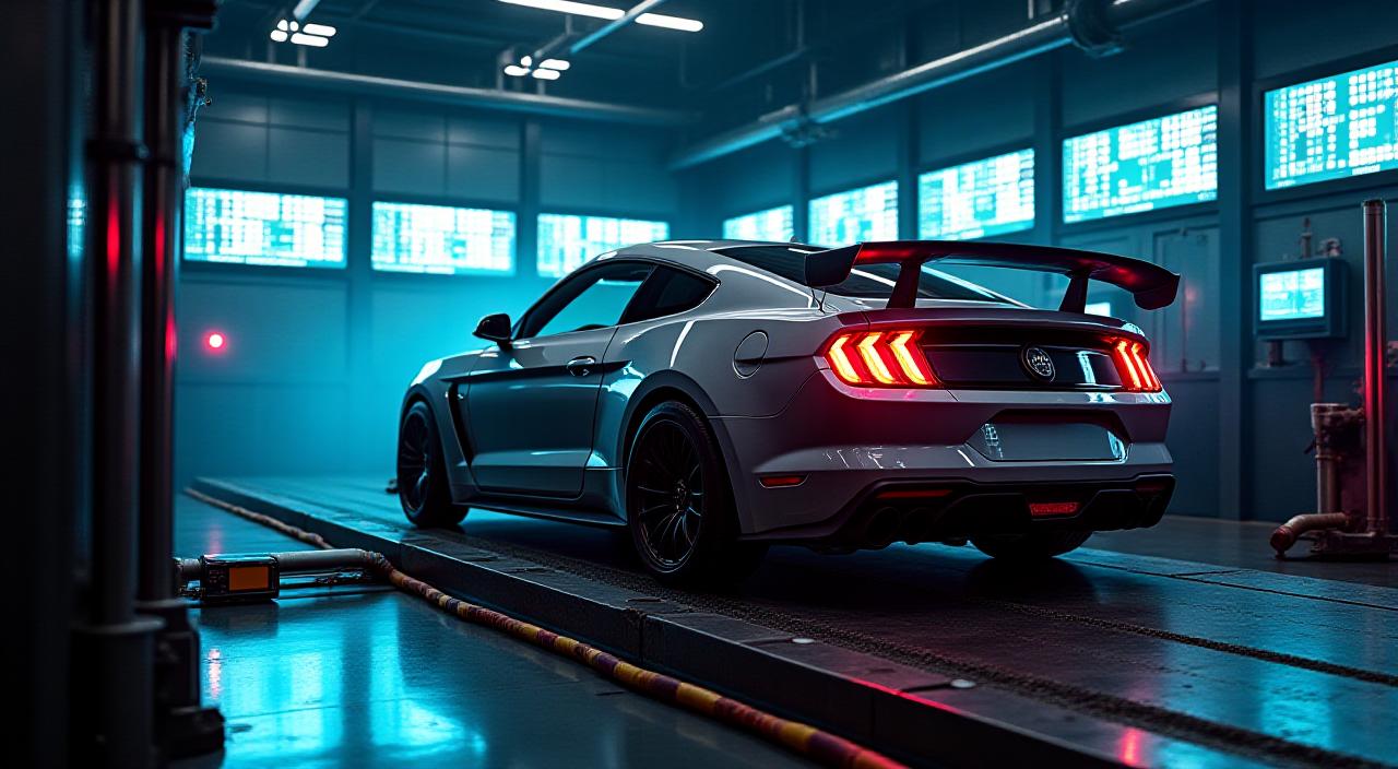 High performance vehicle strapped to the dynamometer for testing with data screens in the background