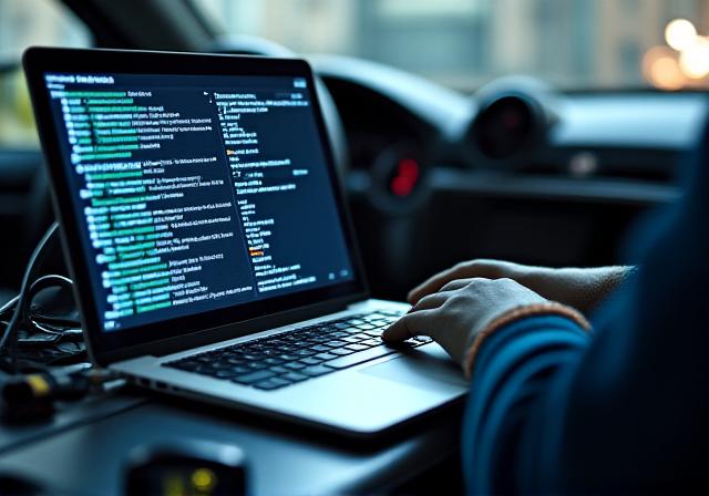 Technician performing ECU remapping on a laptop connected to a car