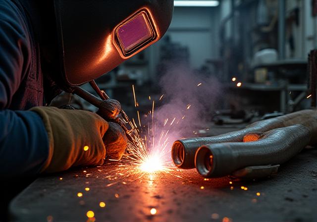 Mechanic precision welding a custom exhaust system component