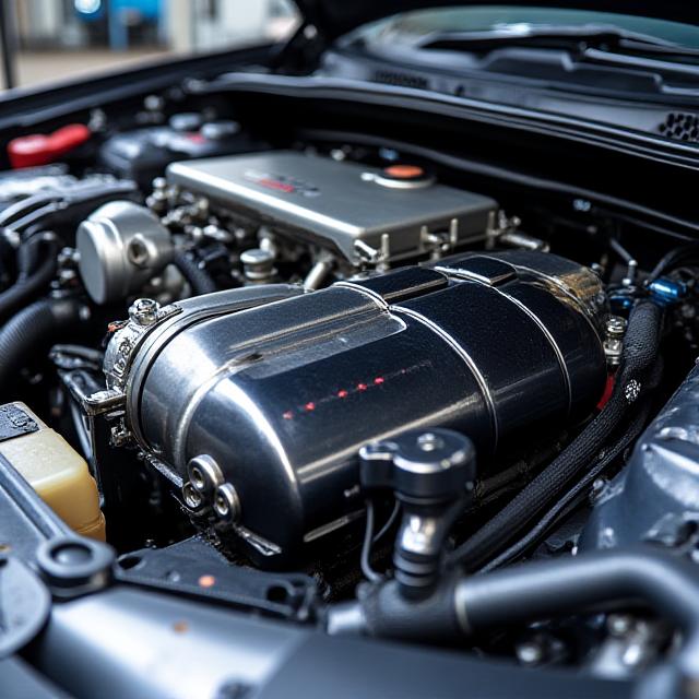 Detail shot of a meticulously built engine bay of a Mitsubishi Lancer Evolution