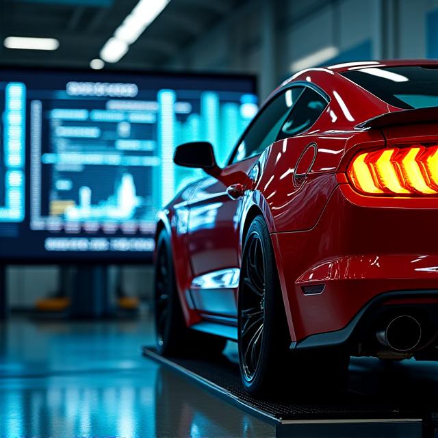 Ford Mustang on a dynamometer, showing performance graphs on screen