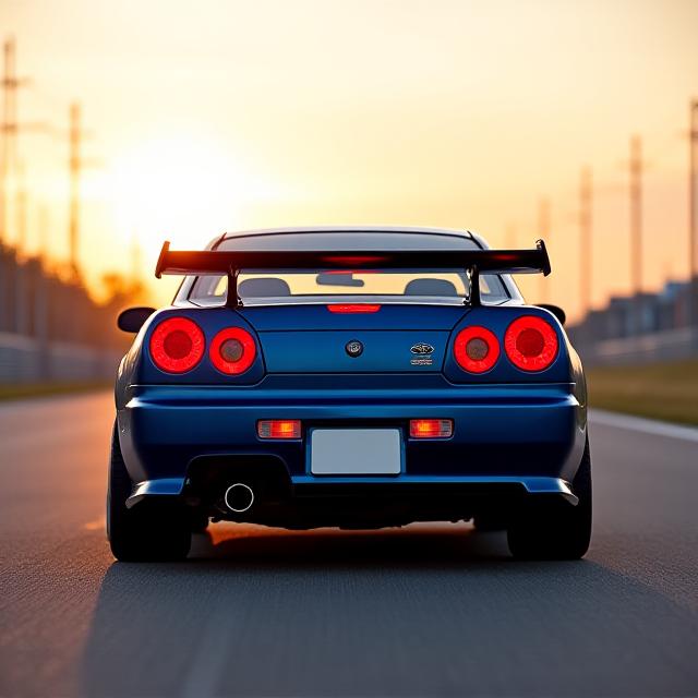 Rear view of a classic Nissan Skyline R34, perfectly restored and tuned