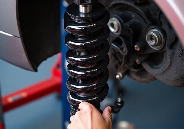 Adjustable performance coilover suspension being installed on a vehicle