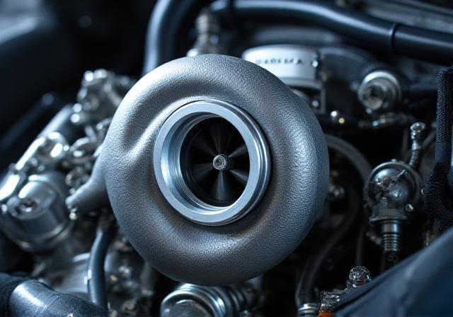 Close-up of a high-performance turbocharger being installed in an engine bay