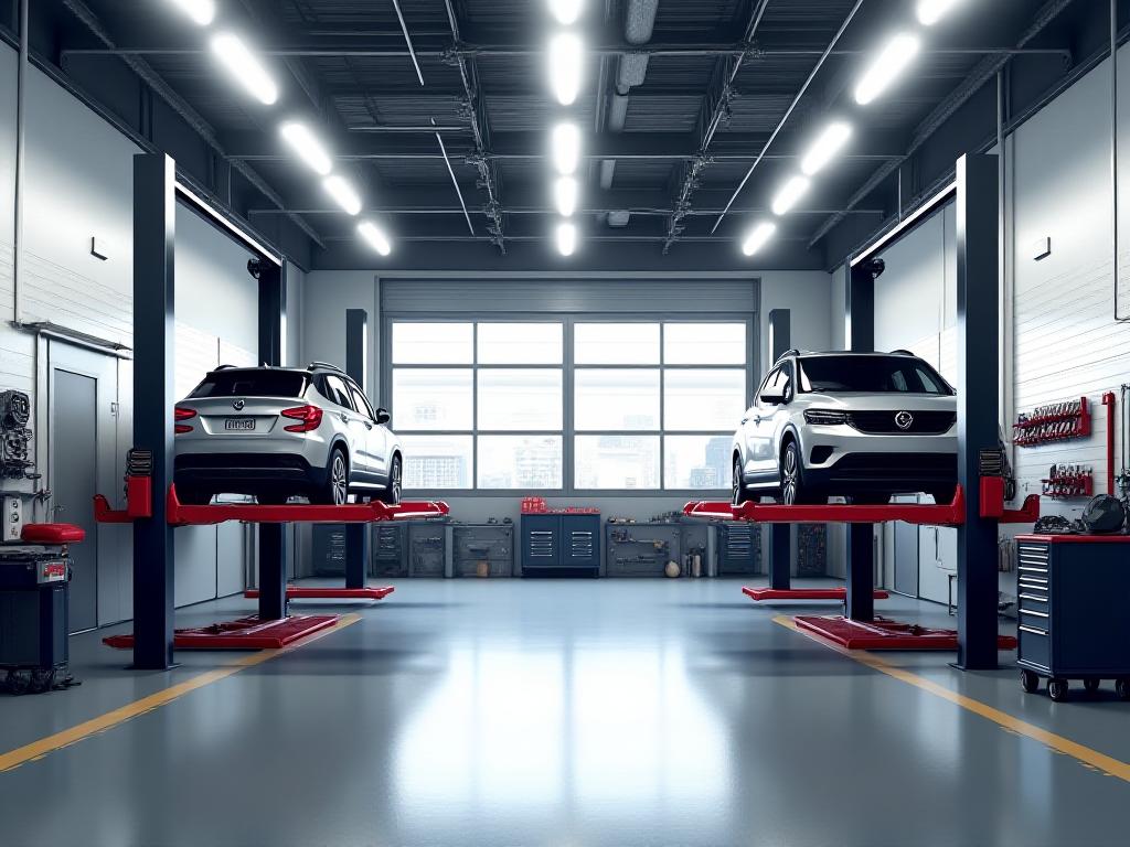 Interior view of Anchor RPM workshop showing car lifts and clean workspace